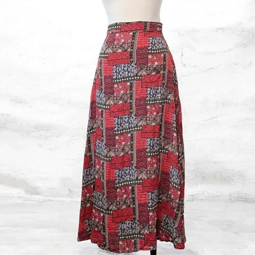 Forever 21 Red Patchwork Print Maxi Skirt Women's Flowing A-Line Floral 28 M
